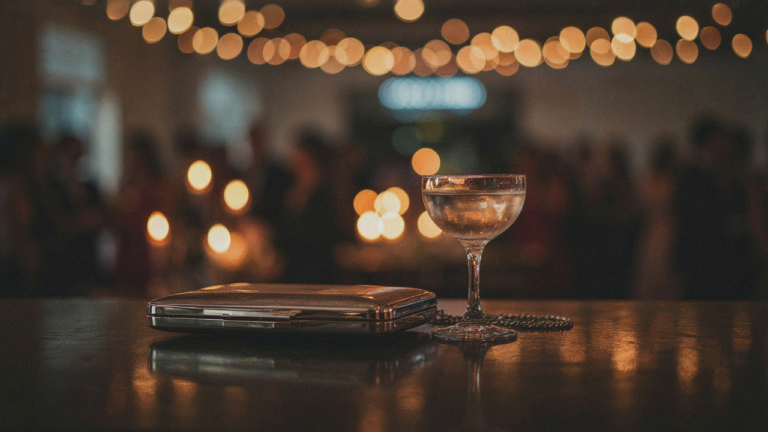 A sleek silver clutch sits beside a cocktail glass on a reflective surface at a party.