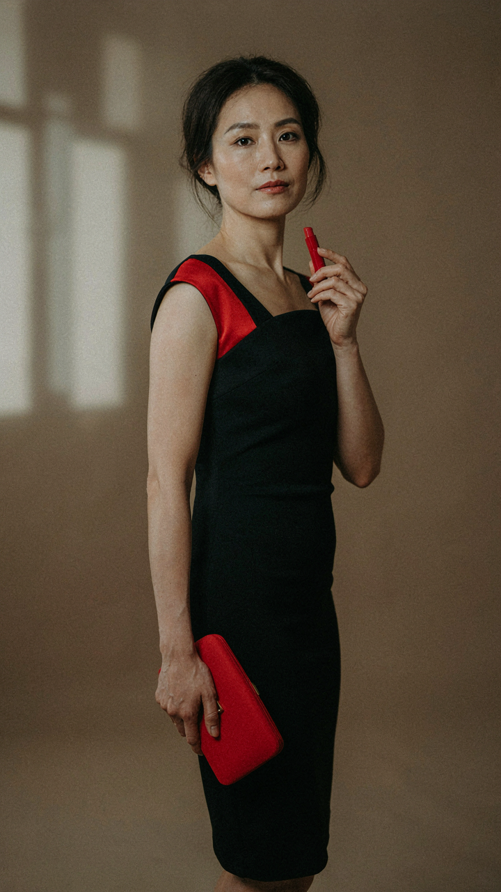 A red clutch matches red lipstick and an accent on a black cocktail dress.
