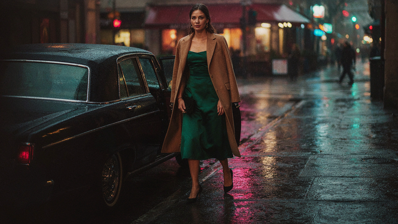 A woman in a green cocktail dress and a camel coat steps from a vintage car at night.