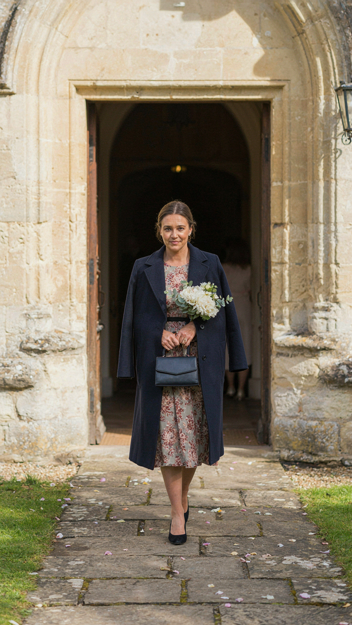 A woman in a navy coat and floral dress enters a church for a wedding.