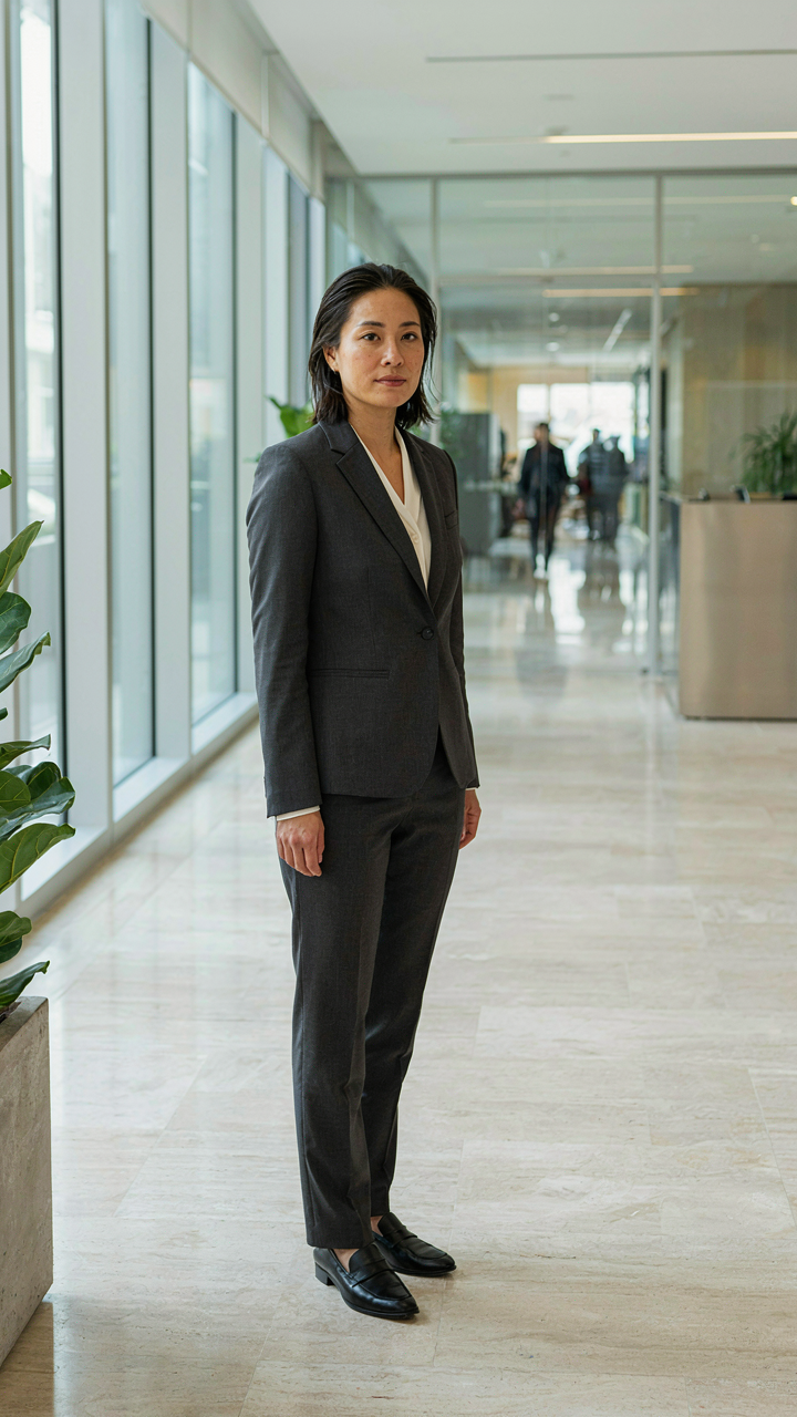 A woman confidently wears a well-fitted structured blazer and trousers in an office lobby.