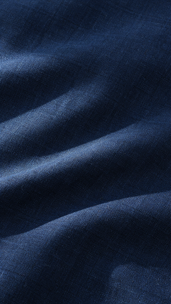Close up of high quality navy wool suit fabric.