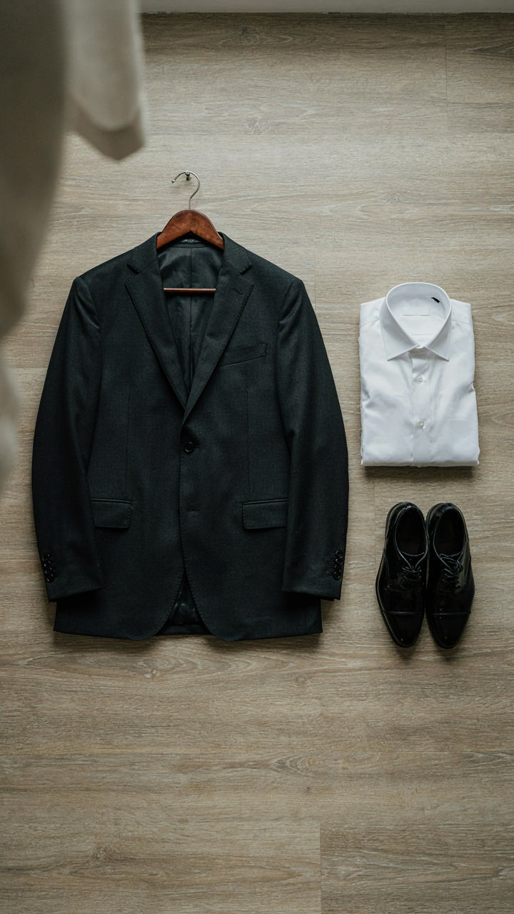 A dark suit jacket, a white dress shirt, and polished black shoes are ready for an event.