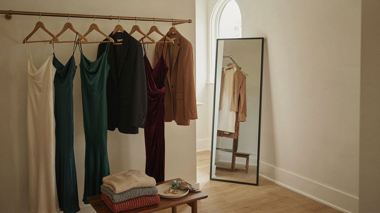 A reflection of a neatly organized closet with five core garments for a cocktail capsule wardrobe.