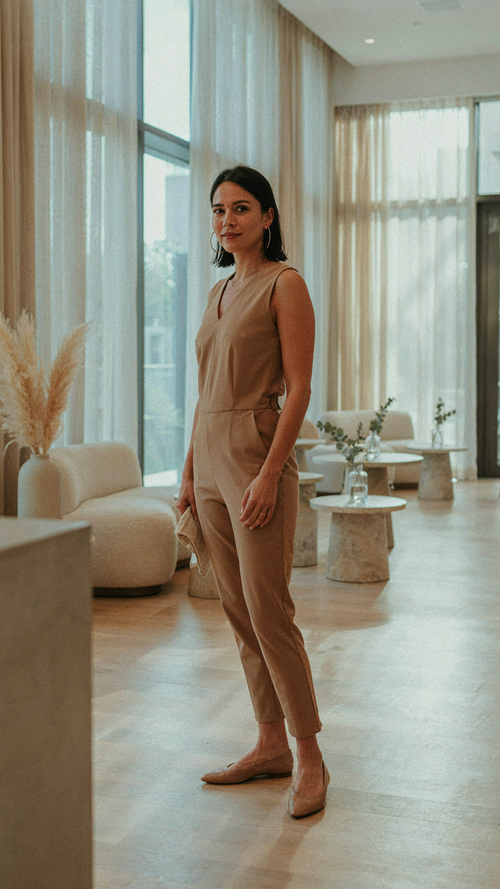 A woman wears a chic jumpsuit, a confident casual cocktail attire choice.