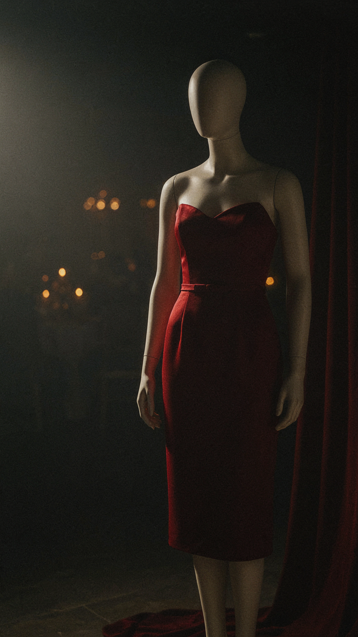 A perfectly tailored red cocktail dress under party lighting.