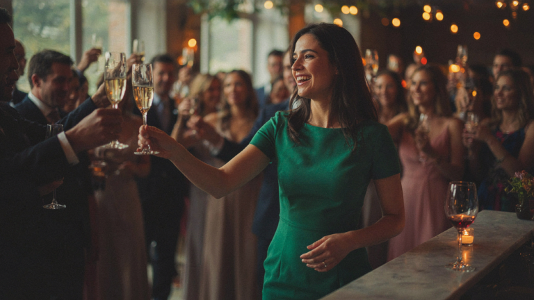 Woman in a cocktail dress laughs and reaches for a drink at a party.