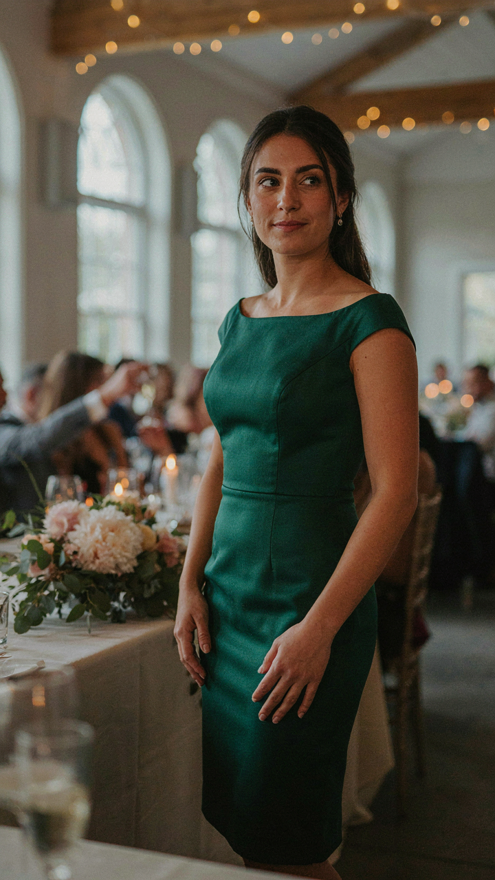 Woman in a jewel-toned boat neck cocktail dress at a wedding reception.