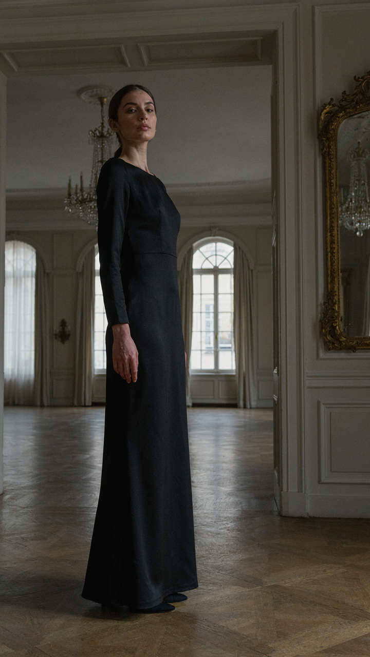 A woman in a floor-length gown and heels practices her posture in a ballroom.