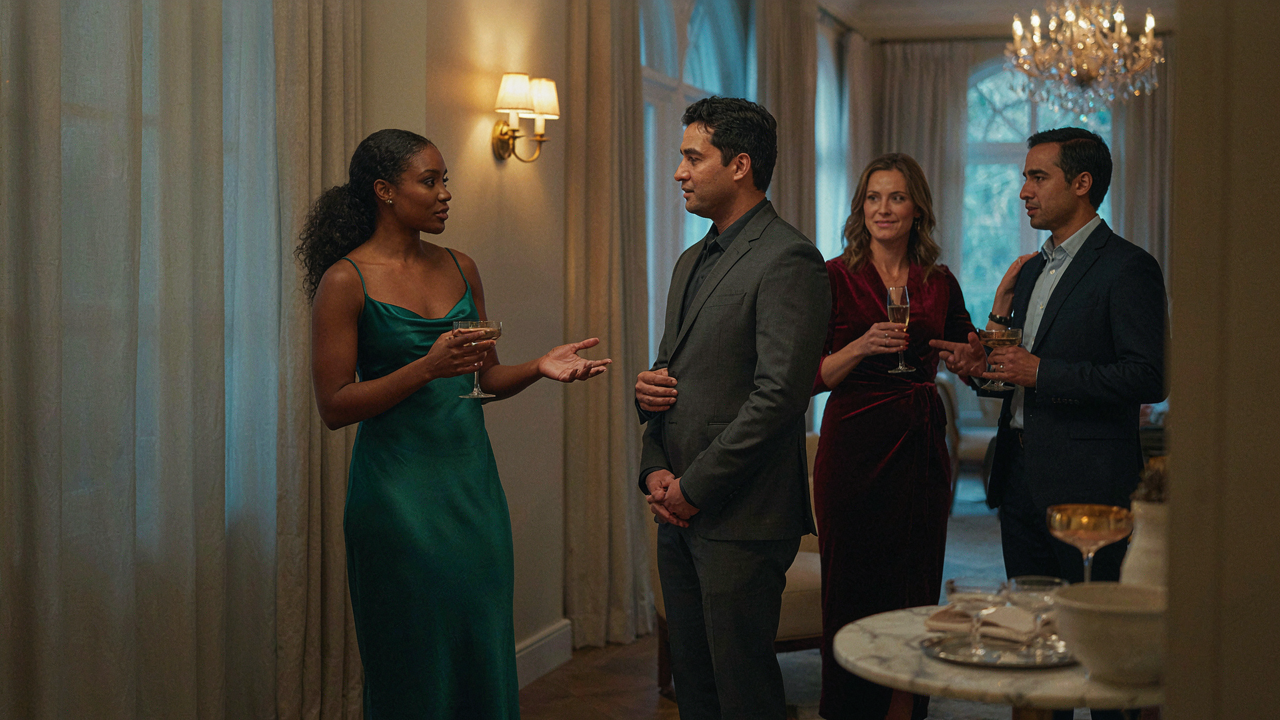 People in stylish cocktail hour outfits mingle at an elegant evening party.