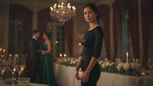 A woman in a dark cocktail dress stands elegantly in a dimly lit, chic party setting.