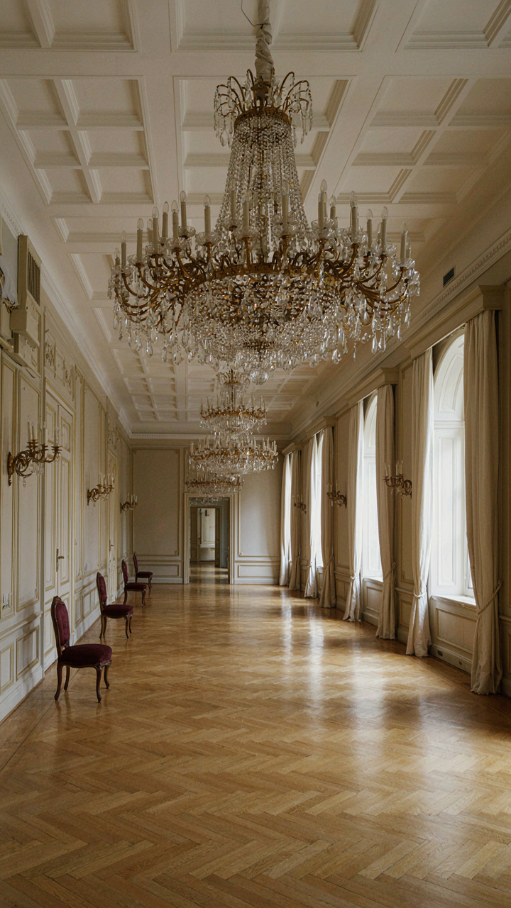 An elegant ballroom with chandeliers and polished floors awaits a formal event.