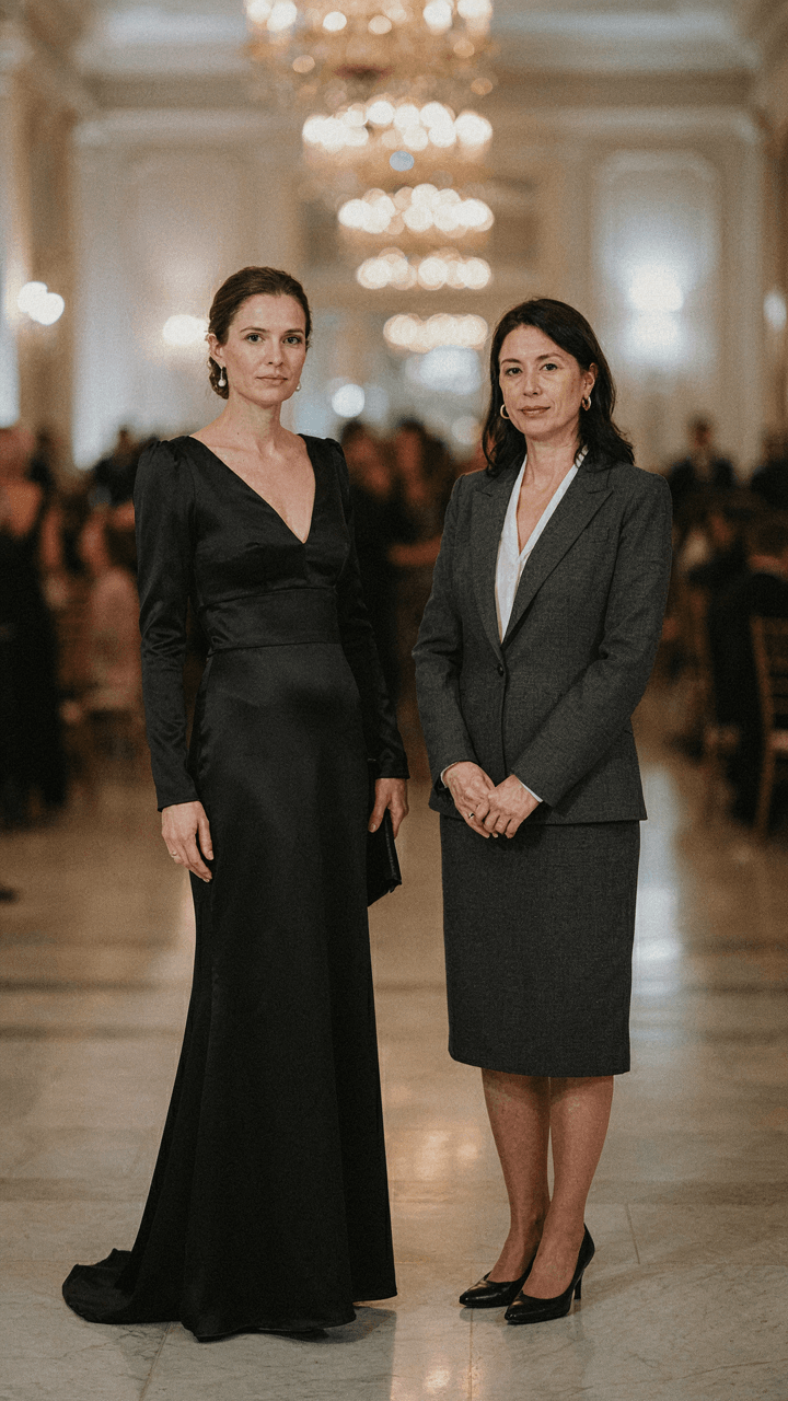 Two women, one in a black tie gown, one in a cocktail suit, at an event.