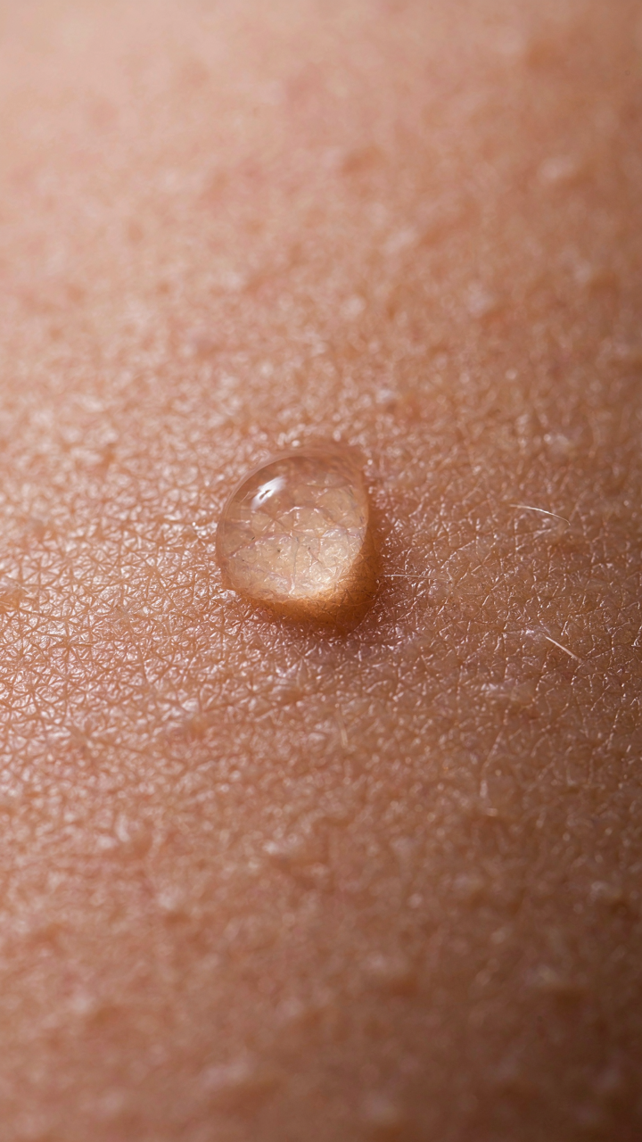 A magnified sweat droplet forms on human skin.