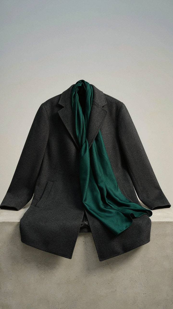 A deep emerald green silk scarf draped over a matte charcoal wool coat.