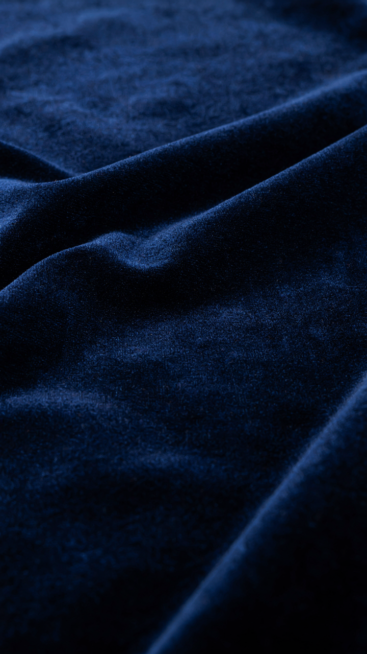 Close-up of a luxurious navy blue velvet fabric with subtle sheen.