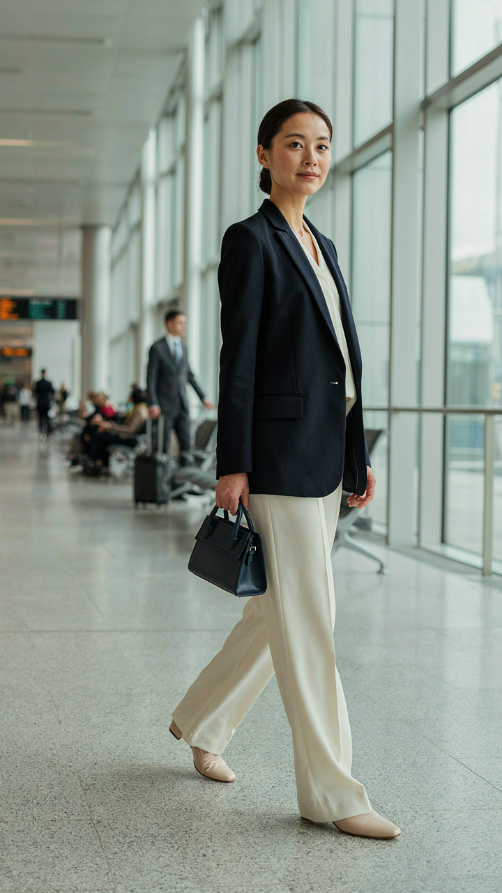 A woman walks calmly through an airport, wearing a navy and cream outfit.