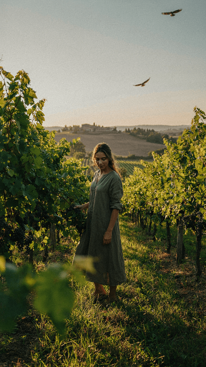 A woman in an olive green dress stands among green grapevines.