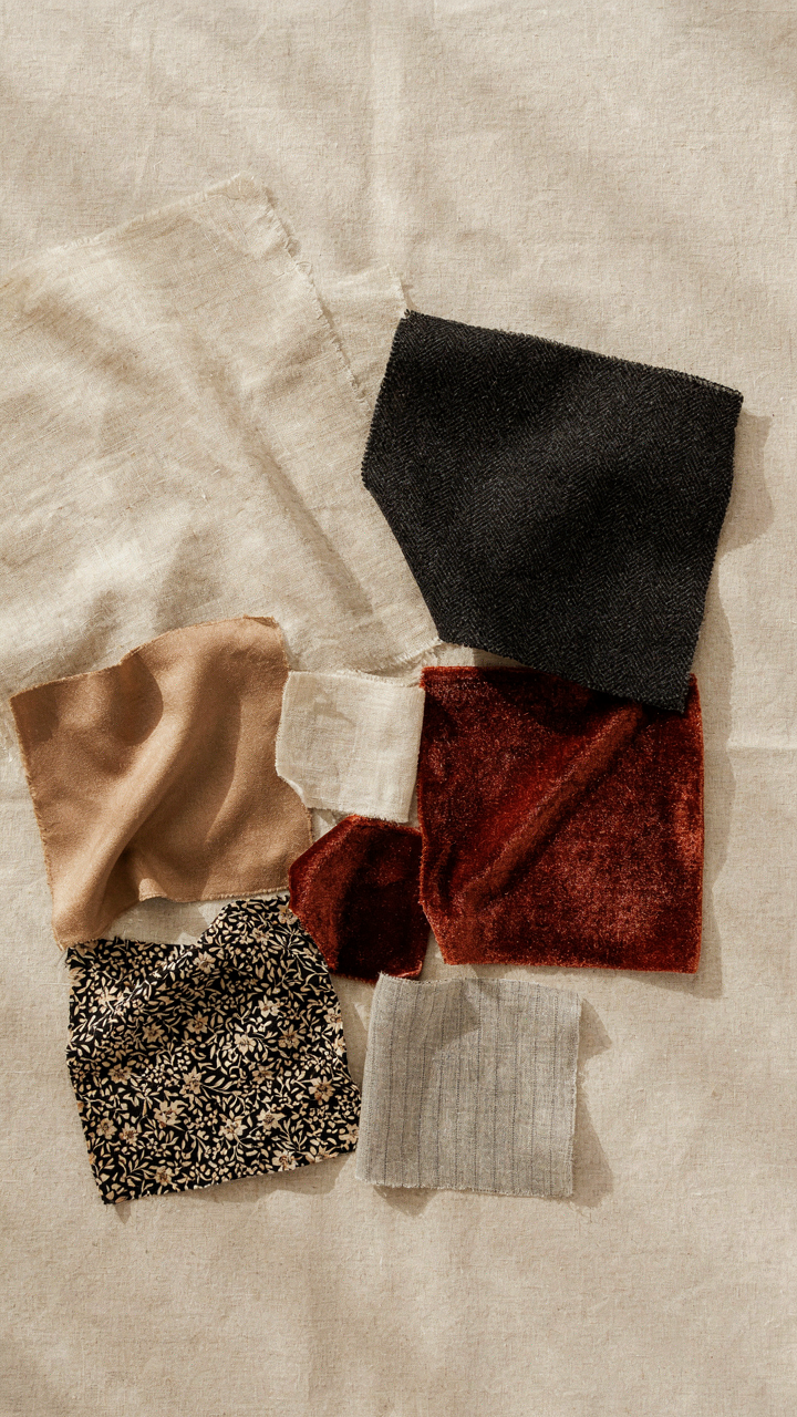 Fabric swatches in dark, light, and patterned designs for an a line cocktail dress.