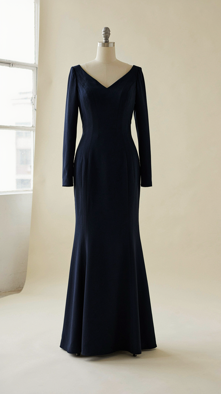 A dark navy wedding guest dress with vertical seams is on a mannequin.