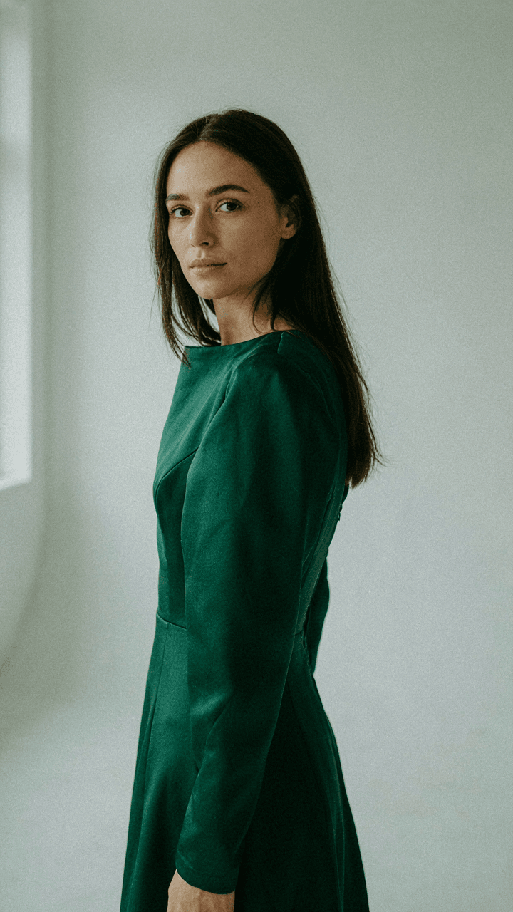 Woman in an emerald green winter wedding guest dress looks confidently forward.