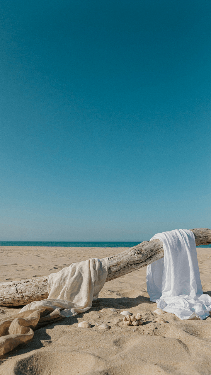 Warm neutral fabrics drape over driftwood on a sunny beach under a blue sky.