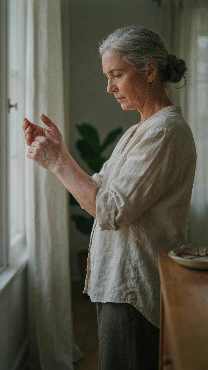 A woman checking the color of veins on her wrist in natural light.