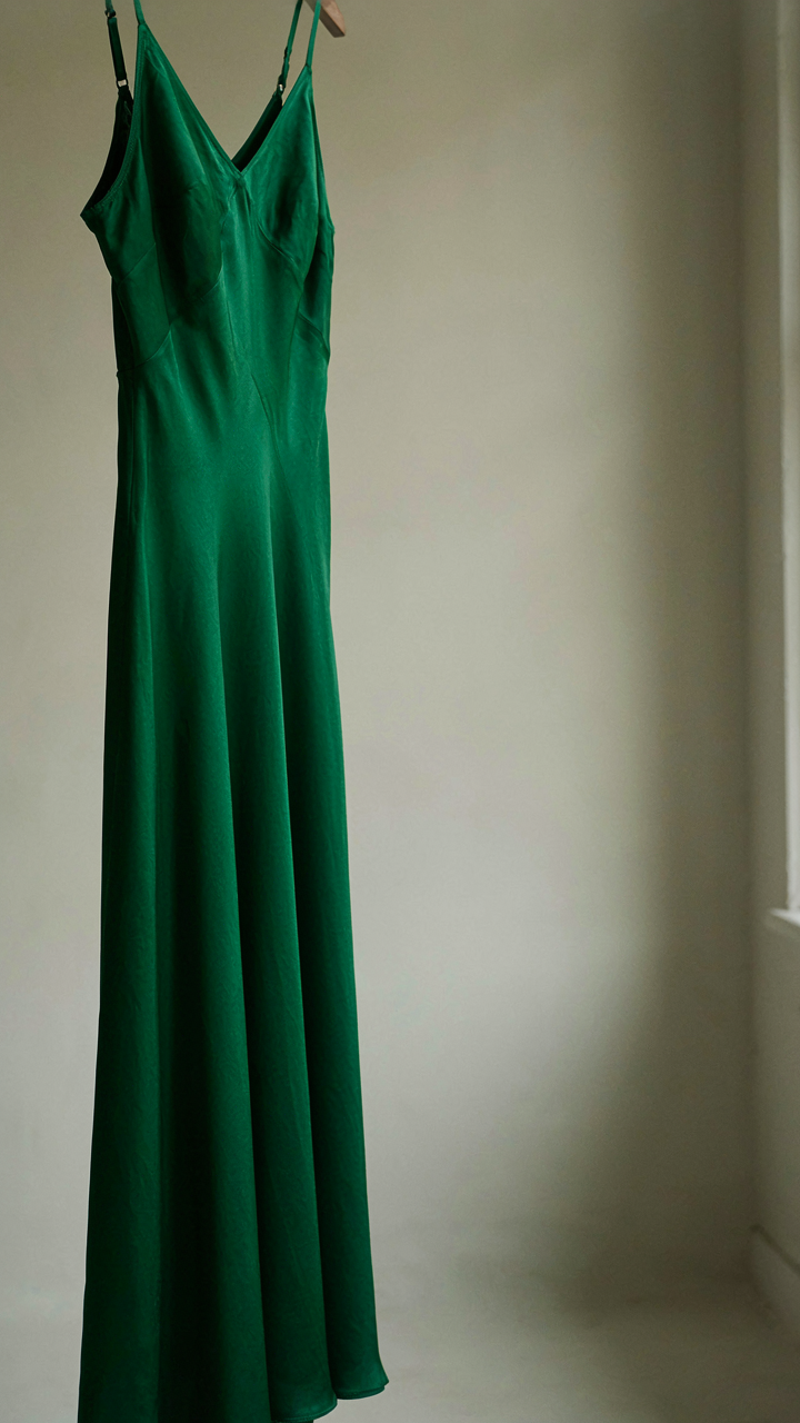 A vibrant emerald green silk dress hangs in natural daylight, rich in pigment.