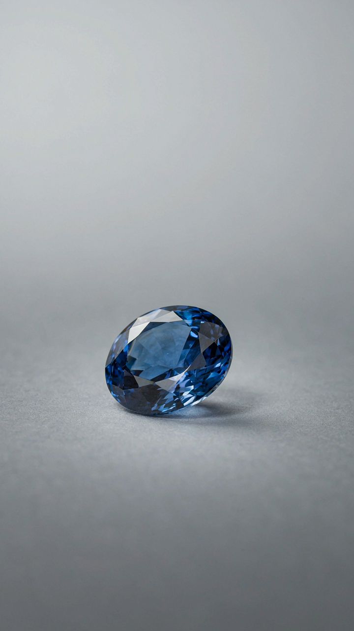 A precisely cut, vibrant sapphire gemstone sits on a neutral surface.