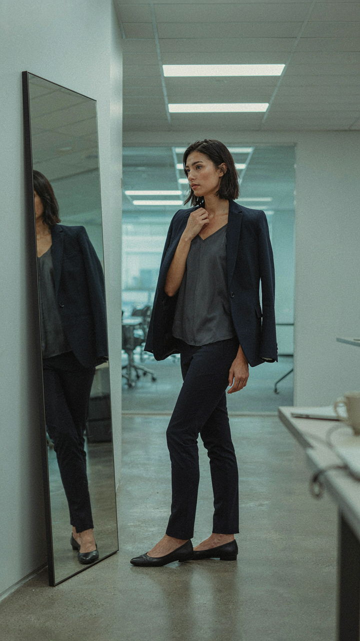 A woman examines her charcoal top and navy blazer under office fluorescent lights.