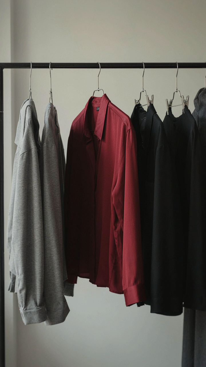 A rich burgundy silk blouse stands out among muted gray and black tops on a clothing rack.