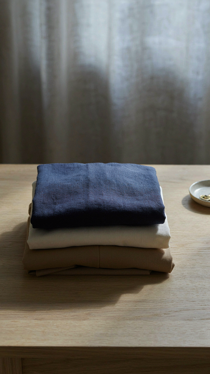 Three folded garments in navy, cream, and camel colors sit on a table.
