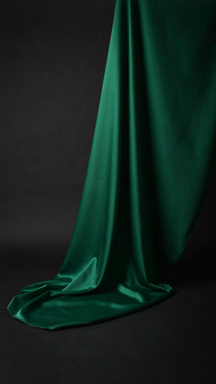 Vibrant emerald green silk fabric draped richly against a dark background.