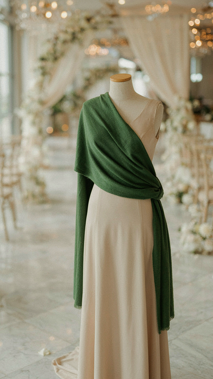A deep forest green shawl draped over a mannequin in a neutral dress.
