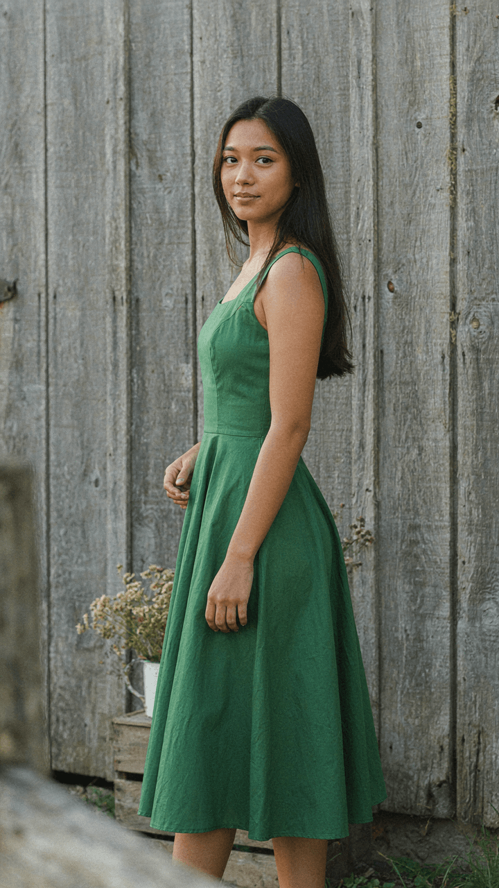 A woman in a vibrant forest green dress stands against barn siding.
