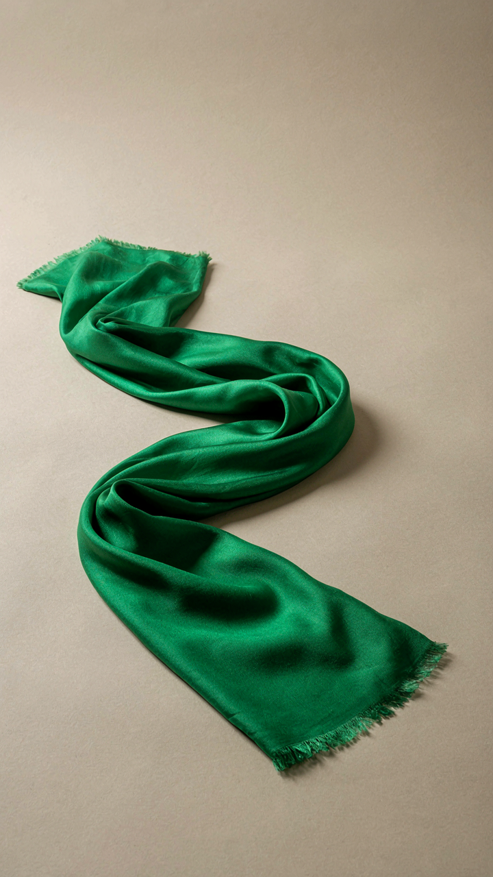 A vibrant emerald green silk scarf draped against a beige background.