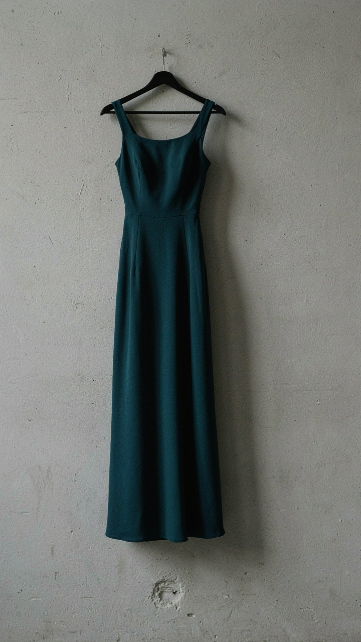 A deep teal dress hangs against a stark concrete wall under fluorescent light.