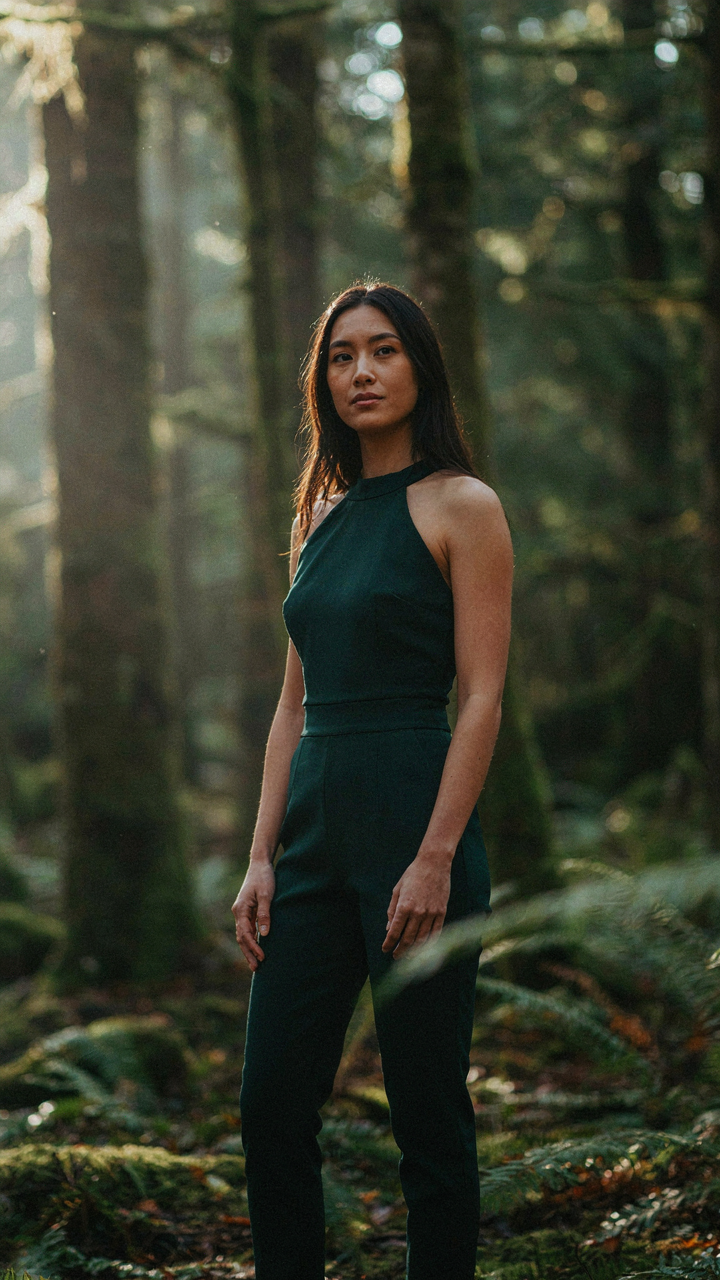 A woman in a deep forest green halter jumpsuit highlights her collarbone.