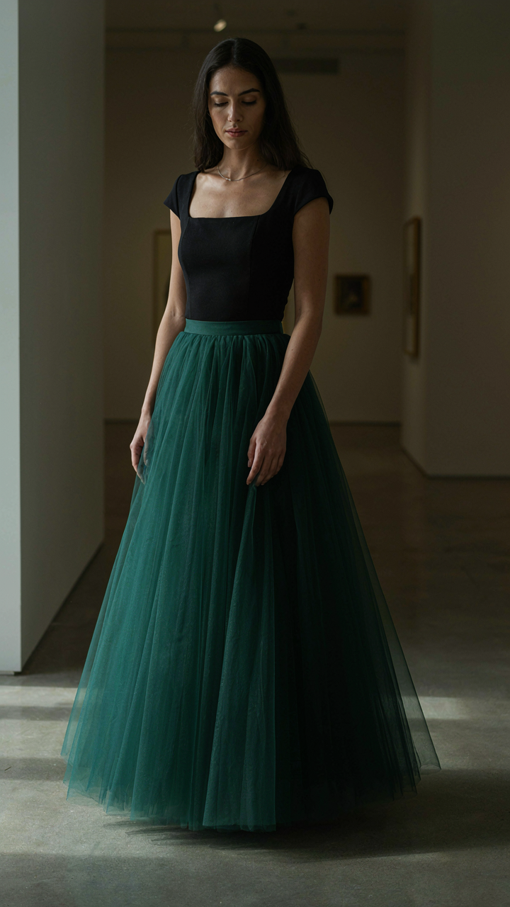 A deep emerald green tulle maxi skirt paired with a fitted black top.