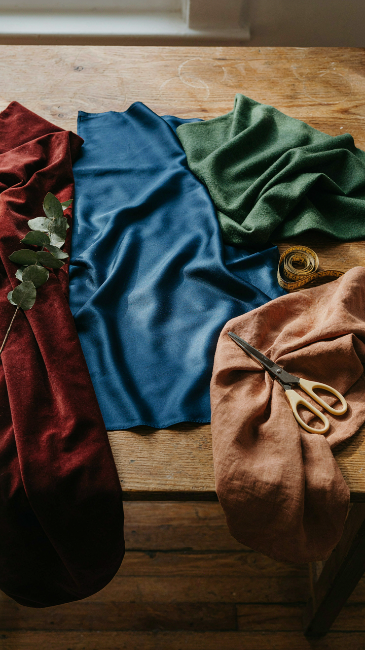 Rich jewel-toned fabrics like burgundy, green, and blue, with warm terracotta.