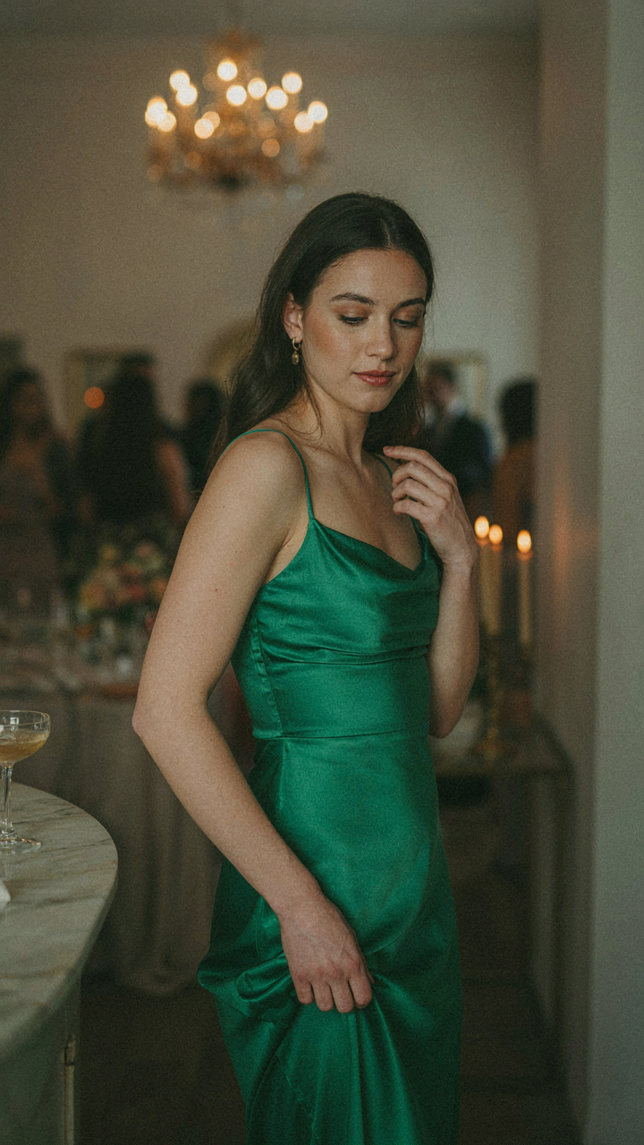 An emerald green dress is lit by warm indoor lights.