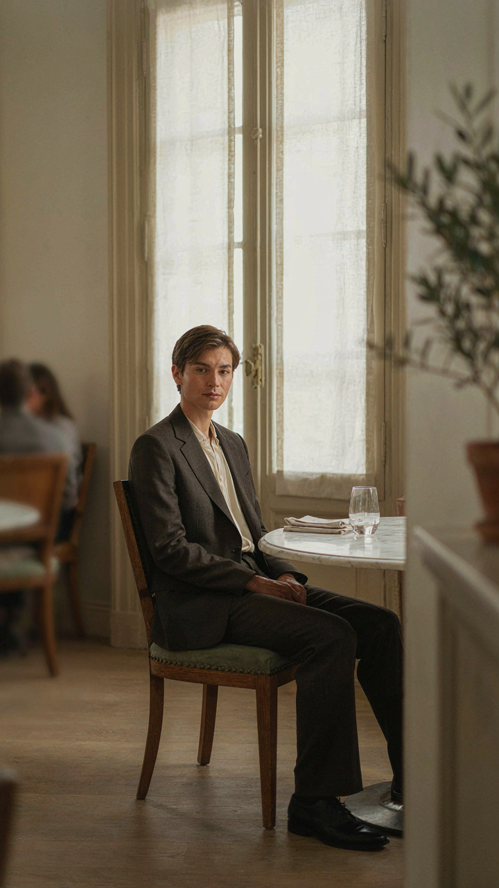 A person sits comfortably in a high-backed dining chair, their tailored outfit relaxed.