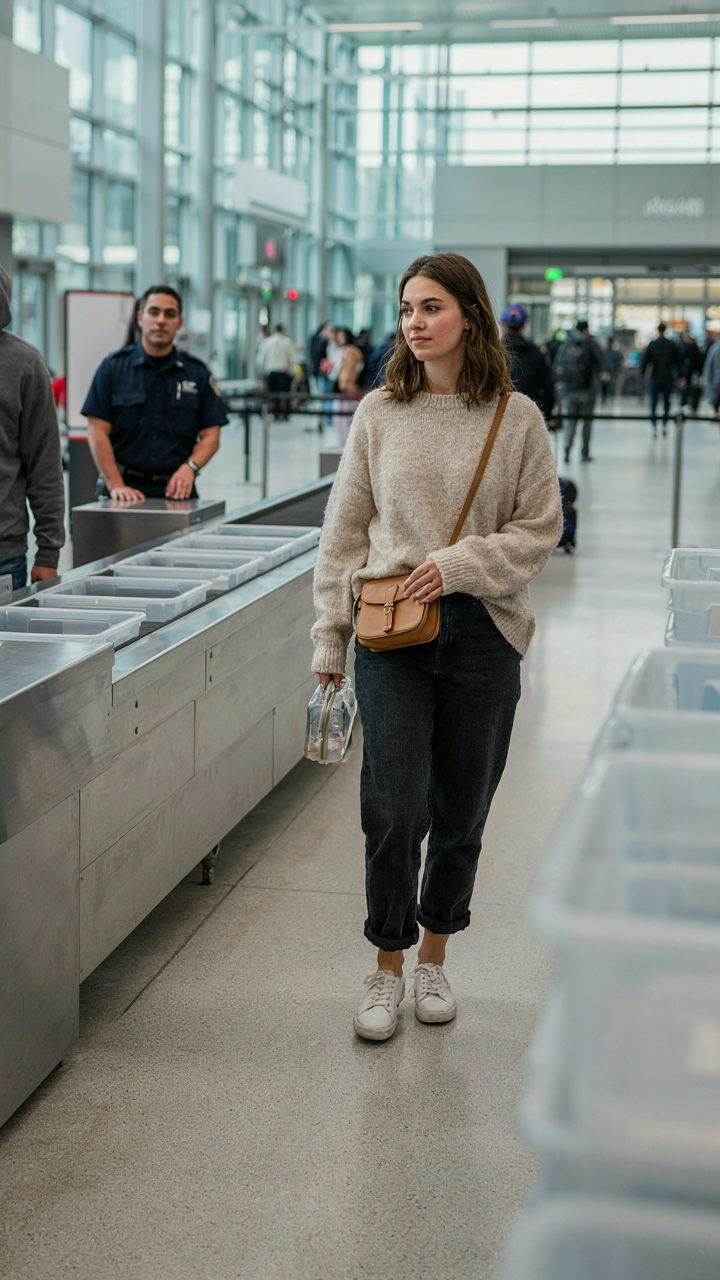 A traveler in comfortable, loose clothes moves easily through airport security.