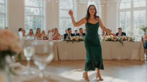 A woman in a dress dances comfortably in heels at a wedding reception.