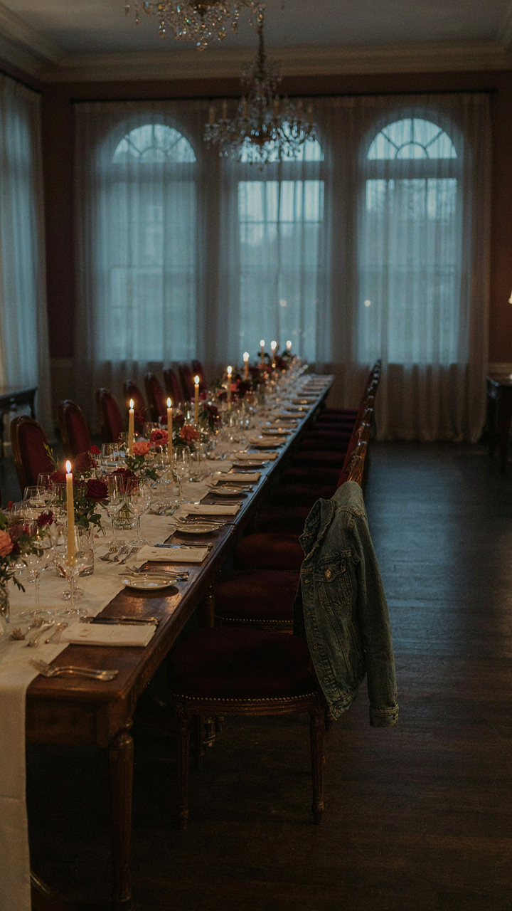 A casual denim jacket stands out against an elegant, empty black tie dinner table.
