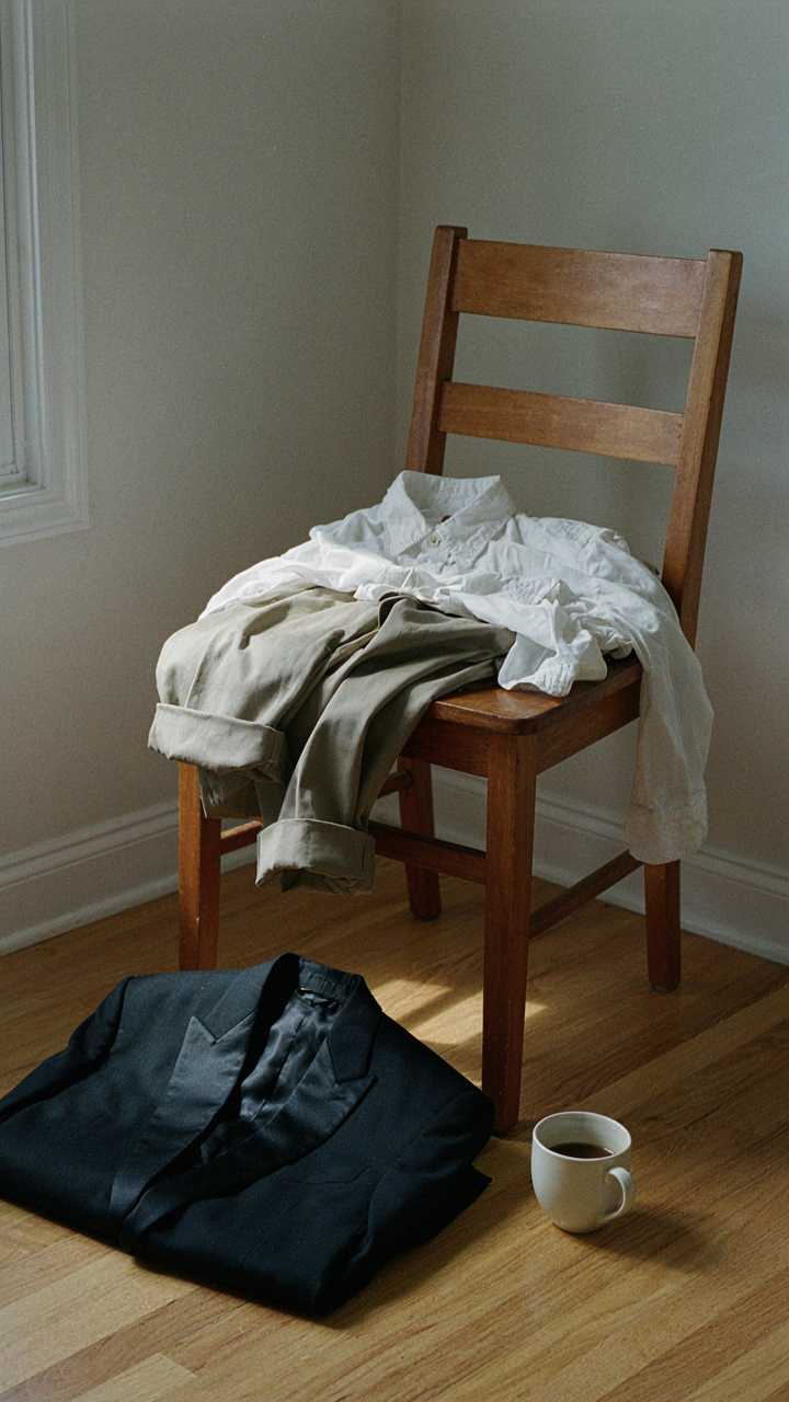 Wrinkled casual clothes contrast with a crisp tuxedo jacket.
