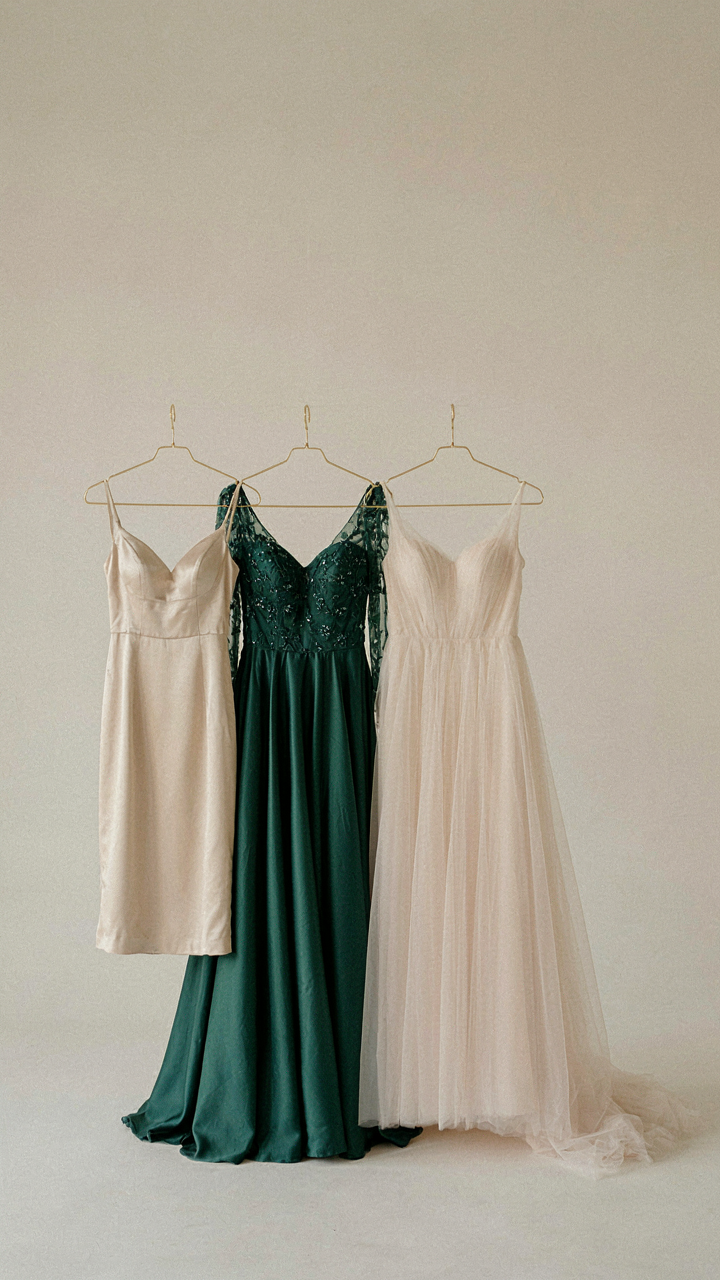 Three distinct formal dresses, from cocktail to ball gown, hang side by side.