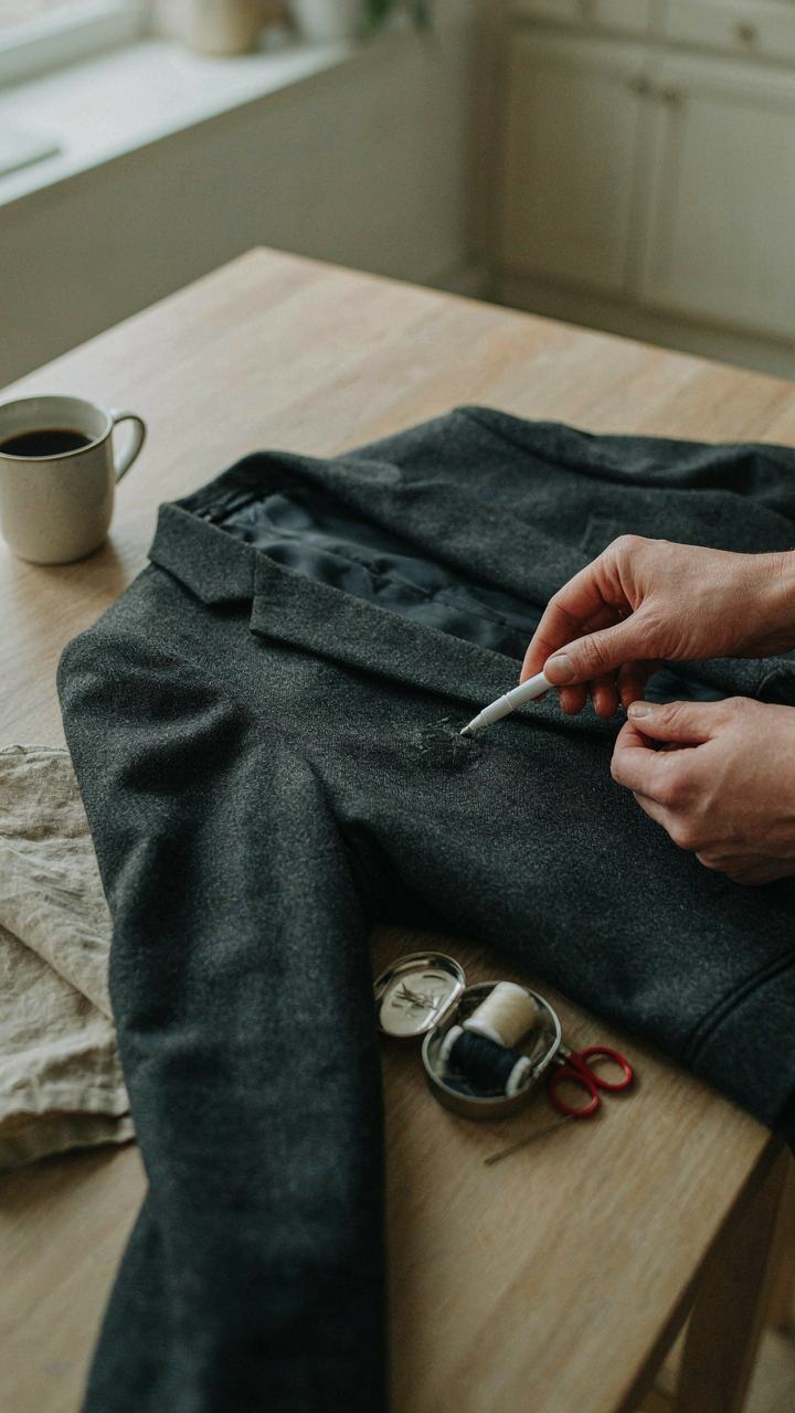 A hand uses a stain pen on a dark fabric, showing a quick fix.