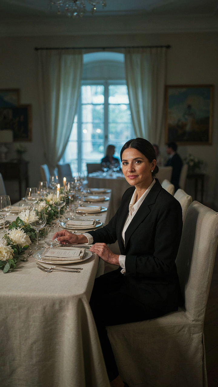 A woman in a precisely tailored black pantsuit sits at a formal dinner table.
