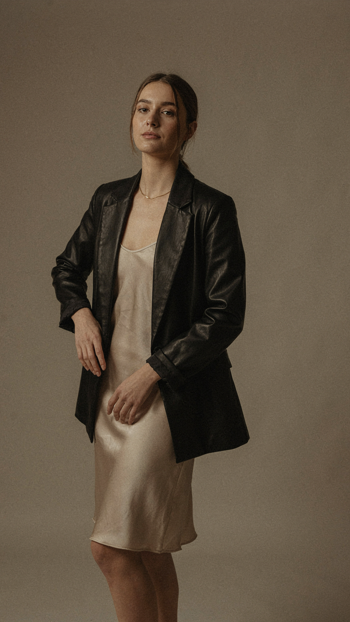A woman wears a black leather blazer over a champagne silk slip dress.